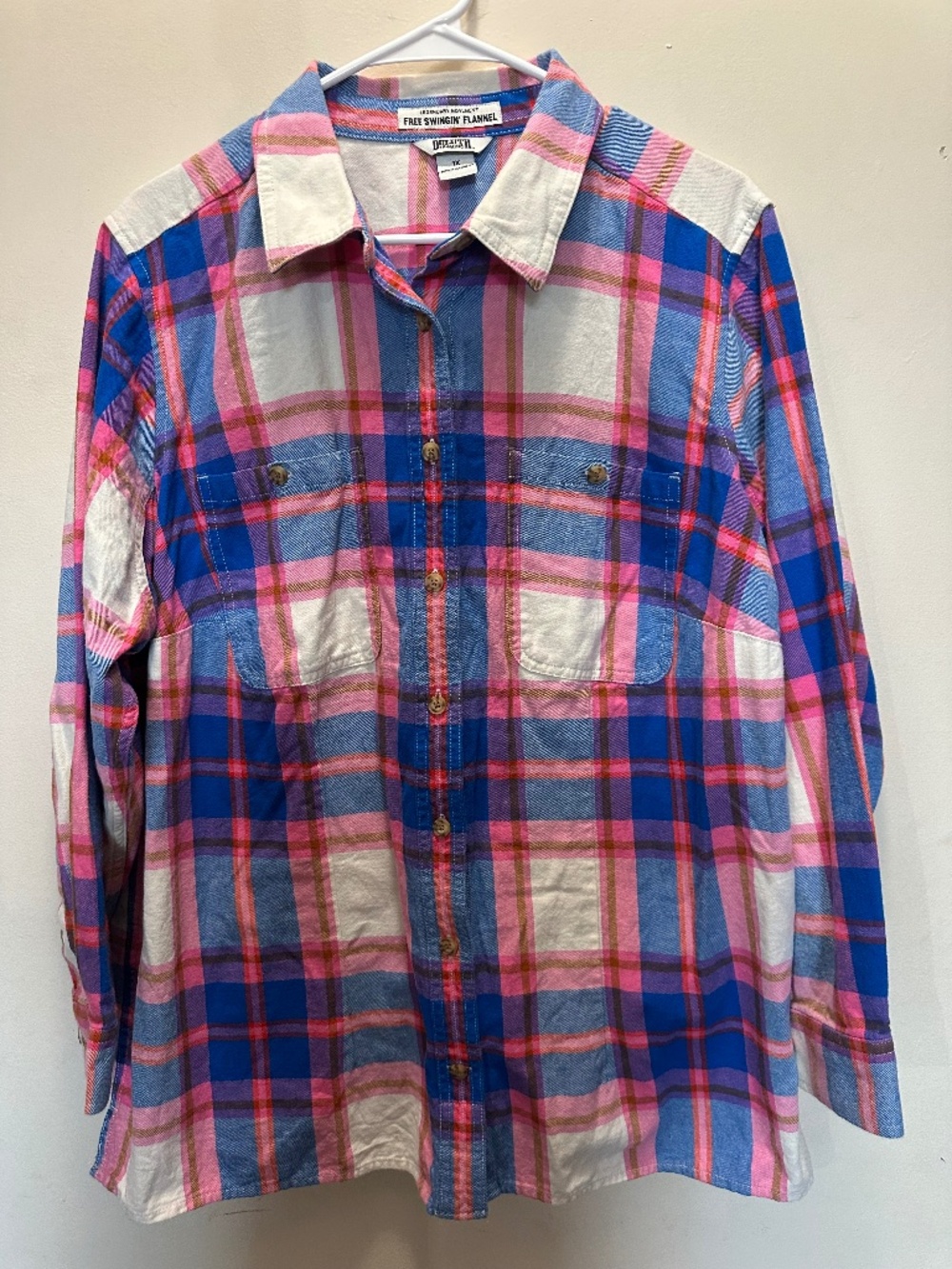 Duluth Shirt Womens 1X Plaid Flannel Shirt Button Up Long Sleeve Pink and Blue